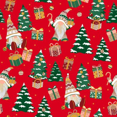 Tissu Coton imprimé Gnomes de Noël sur fond Rouge - Par 10 cm