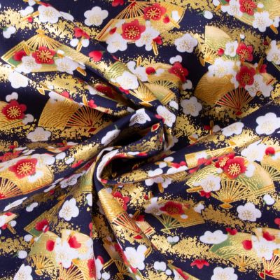 Tissu Coton imprimé Arty Eventails dorés sur fond Bleu indigo - Par 10 cm