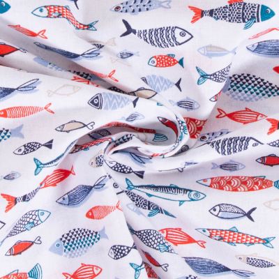 Tissu Coton imprimé Arty Poissons sur fond Blanc - Par 10 cm