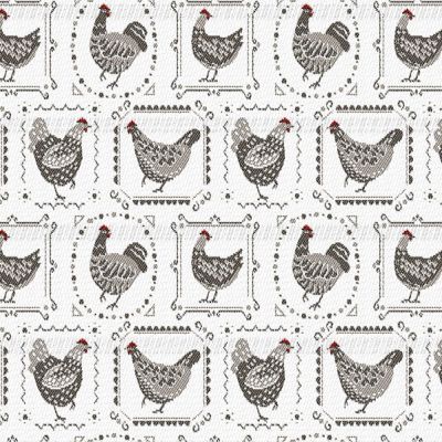 Tissu Jacquard Poules Lin sur fond Blanc - Par 10 cm