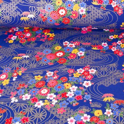 Tissu Coton imprimé Arty Riziere feuris sur fond Bleu roi - Par 10 cm