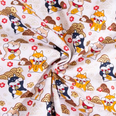 Tissu Coton imprimé Arty Shiba sur fond Blanc - Par 10 cm