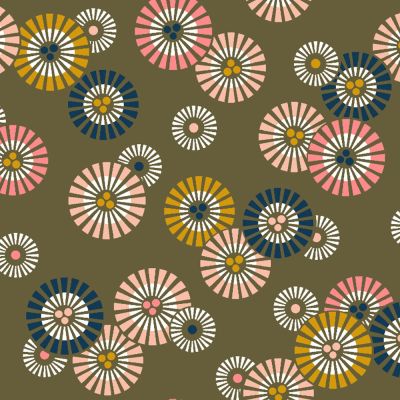 Tissu Coton Enduit Soleil-levant sur fond Vert kaki - Par 10 cm