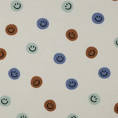 Tissu Flanelle de Coton Zoé smiley Marron sur fond Ecru - Par 10 cm