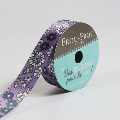 Bobinette Ruban Satin Fleuri Frou-Frou Violet sage - 16 mm x 5 mètres