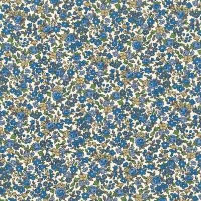 Tissu Coton Frou-Frou Fleuri N°15 Ecru et bleu - Par 10 cm