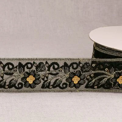 Galon brodé Paillettes 45 mm Noir x1m