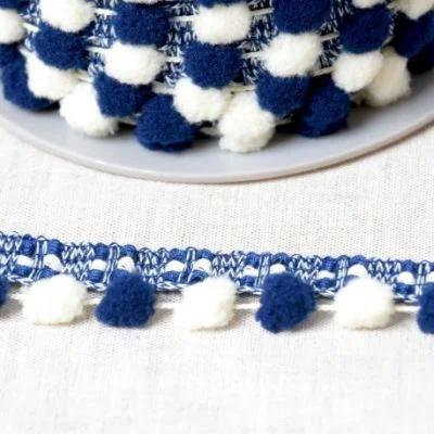 Galon Pompons Bicolore Bleu marine et blanc x1m