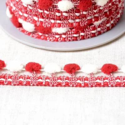 Galon Pompons Bicolore Rouge et écru x1m