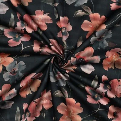 Tissu Coton satiné digital Mila grandes fleurs sur fond Noir - Par 10 cm