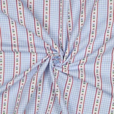 Tissu Coton imprimé Rayures vichy fleuris bleu sur fond Blanc - Par 10 cm