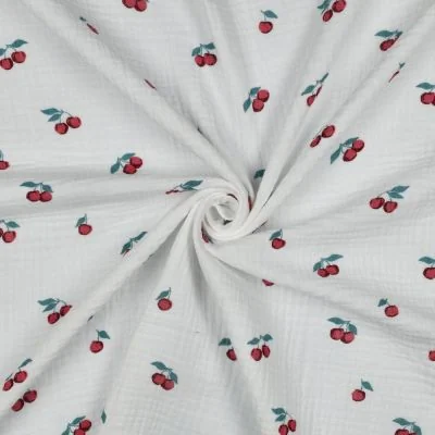 Tissu Double gaze de Coton Bio Capri petites cerises sur fond Blanc cassé - Par 10 cm