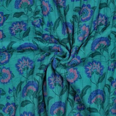 Tissu Double gaze de Coton Matelassé Elea fleurs Bleu réversible sur fond Vert canard - Par 10 cm
