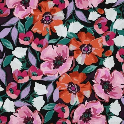 Tissu Jersey Coton digital Grandes fleurs vives sur fond Noir - Par 10 cm