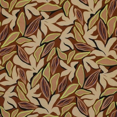 Tissu Viscose Lia feuilles beiges sur fond Marron - Par 10 cm