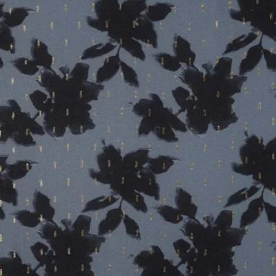 Tissu Viscose Feuilles et pointillés lurex sur fond Bleu ancien - Par 10 cm