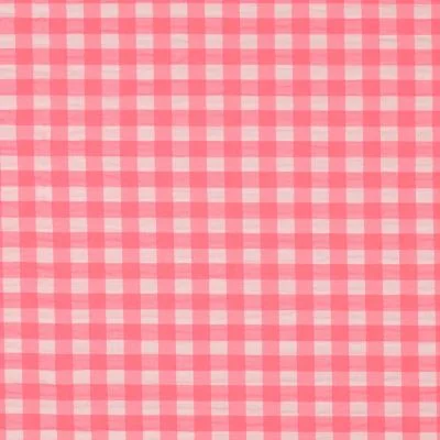 Tissu vichy Lyna Rose fluo Grands carreaux sur fond Blanc - Par 10 cm