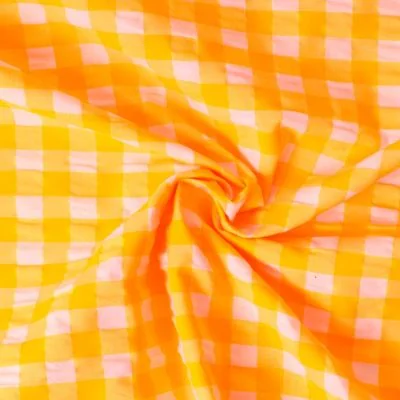 Tissu Vichy Soleil Orange fluo grands carreaux sur fond Blanc - Par 10 cm
