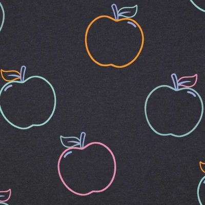 Tissu Jersey imprimé pomme Api Néon sur fond Gris anthracite profond - Par 10 cm