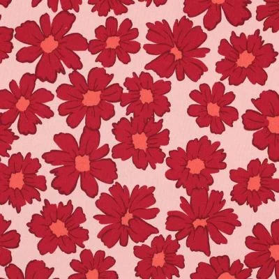 Tissu Sweat envers molletonné Cosmia fleurs Rouges sur fond Rose - Par 10 cm