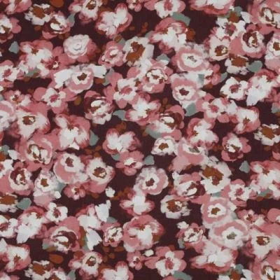 Tissu Viscose extensible Fleuris Mia rose sur fond Bordeaux - Par 10 cm