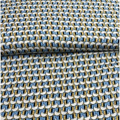 Tissu Viscose Formes Géo sur fond Bleu ciel - Par 10 cm