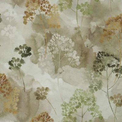 Tissu Toile de Coton Canvas feuillage Ombelle sur fond Beige - Par 10 cm