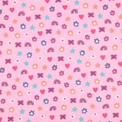 Tissu popeline de Coton  Rainbow sur fond Rose clair - Par 10 cm