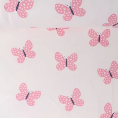 Tissu Sweat envers molletonné Lili papillons Roses sur fond Blanc cassé - Par 10 cm