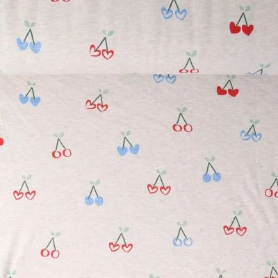 Tissu Sweat  léger envers molletonné Margot cerises Bleues pailletées sur fond Blanc chiné - Par 10 cm