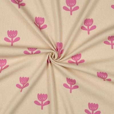 Tissu Jersey Coton côtelé Bio Tulipes Roses sur fond Ecru - Par 10 cm