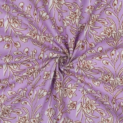 Tissu Coton indien Block print Fleuris Jules sur fond Parme - Par 10 cm