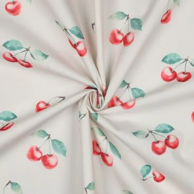 Tissu Nappe imperméable digital Cerises sur fond Blanc - Par 10 cm