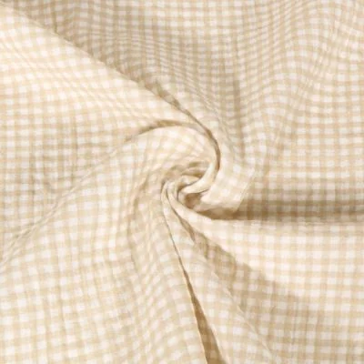 Tissu Double gaze de Coton Vichy beige sur fond Blanc - Par 10 cm