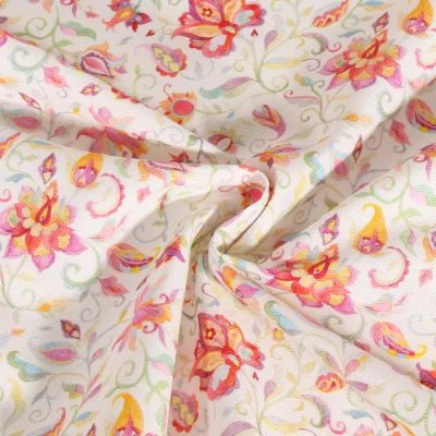 Tissu Canvas Polyester Arabesque floral sur fond Blanc - Par 10 cm