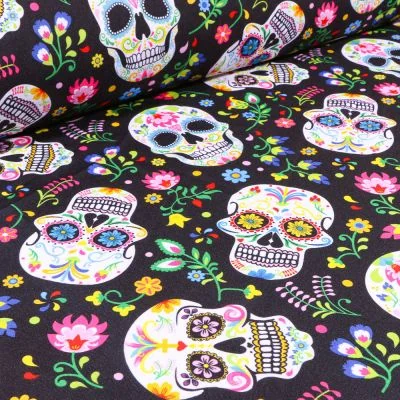 Tissu Burlington Têtes de morts colorées sur fond Noir - Par 10 cm