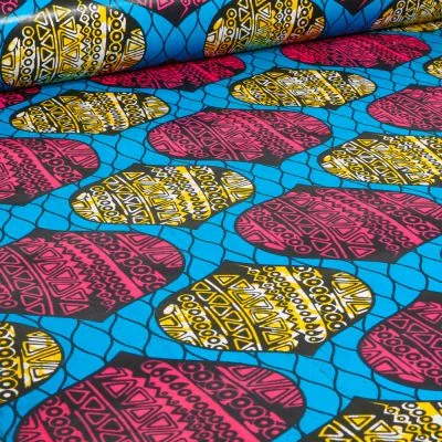 Tissu Wax africain n°  731 sur fond Bleu turquoise - Par 10 cm