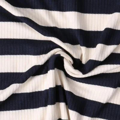 Tissu Jersey Viscose cotêlé Oréane rayures Bleu marine sur fond Blanc - Par 10 cm