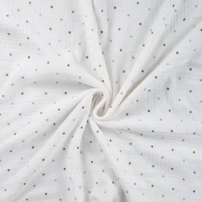 Tissu Double gaze de Coton Petits pois gris et marrons sur fond Blanc - Par 10 cm