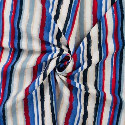 Tissu Viscose texturé Rayures Aquarelle Bleu &amp; Rouge sur fond Ivoire - Par 10 cm