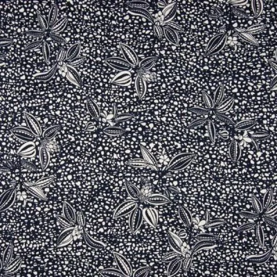 Tissu Jersey Viscose imprimé  Pois rayures et fleurs sur fond Bleu marine - Par 10 cm