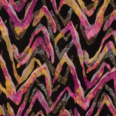 Tissu Tulle souple  Zigzag fuschia sur fond Noir - Par 10 cm