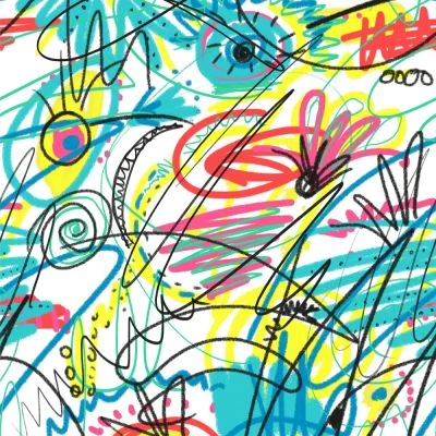 Tissu Sweat léger French Terry Graffiti coloré sur fond Blanc - Par 10 cm