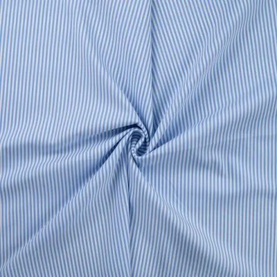 Tissu Popeline de Coton extensible rayé bleu sur fond Blanc - Par 10 cm