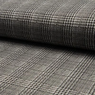 Tissu Jacquard polyviscose  extensible Écossais pied de poule Noir sur fond Blanc - Par 10 cm