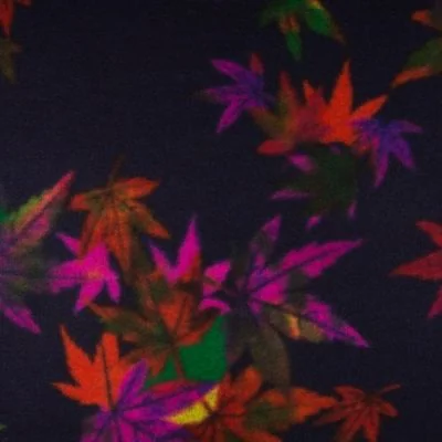 Tissu Caban Laine Feuilles fuchsia et orange sur fond Violet foncé - Par 10 cm