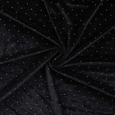 Tissu Jersey Velours Lunaria strass Argentés sur fond Noir - Par 10 cm