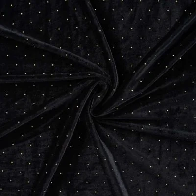 Tissu Jersey Velours Lunaria strass Dorés sur fond Noir - Par 10 cm