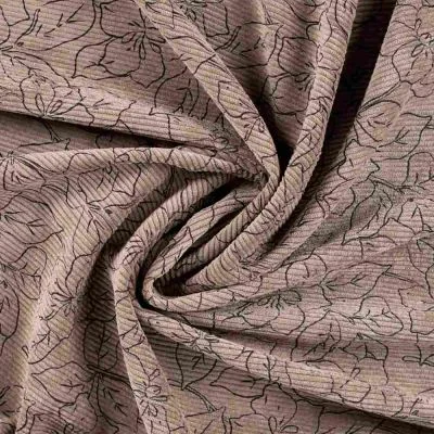 Tissu Velours Côtelé lavé  Éléane fleurs Noires sur fond Taupe - Par 10 cm
