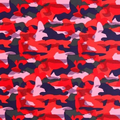 Tissu Lycra Maillot de bain Camouflage Bleu marine, rouge, kaki et rose - Par 10 cm